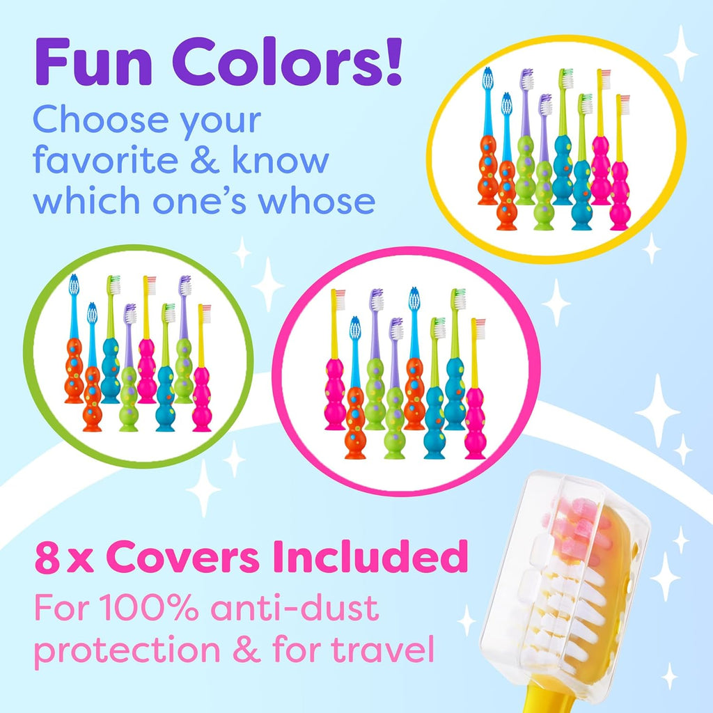 Trueocity Kids Toothbrush 8 Pack - Soft Contoured Bristles - Child Sized Brush Heads (3-10 Year Old) - Suction Cup for Fun & Easy Storage - Girl & Boy Set (8-Pack, Multi-Color)