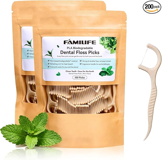 FAMILIFE Eco-Friendly Floss Picks (200Pcs) - Plant Based Dental Floss Picks with Strong Toughness, Natural Tooth Picks Flossers for Adults Daily Oral Cleaning & Gentle Gum Care, Mint Flavor