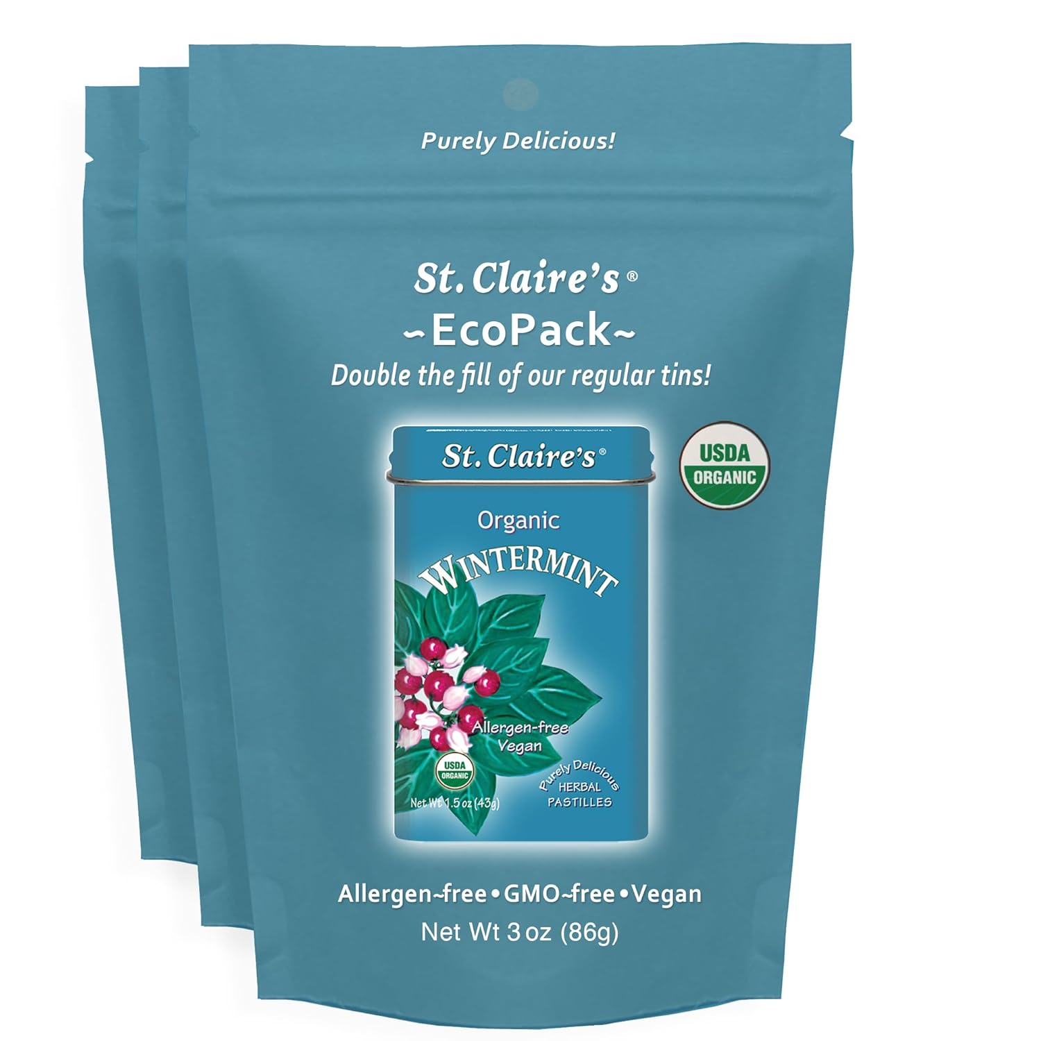 St. Claire’s Organic Wintermint – EcoPack 3 oz | Certified Organic, Vegan, Gluten-Free, Allergen-Free, Non-GMO, Low Calorie, Plant-Based | Made in USA