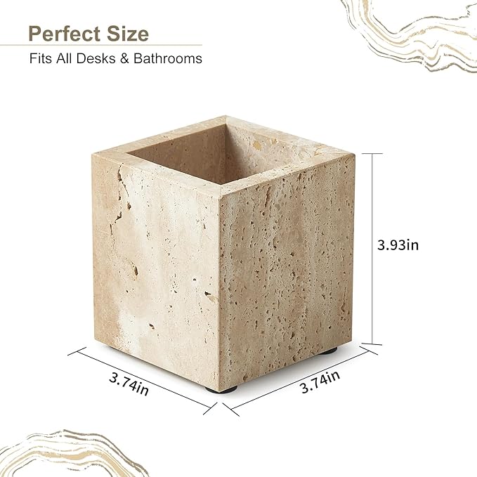 Real Natural Travertine Marble Toothbrush Holder & Pen Holder & Makeup Brush Holder & Utensil Holder, Genuine Stone Rectangular Bathroom Tumbler Cup, Durable Office & Home Countertop Organizer