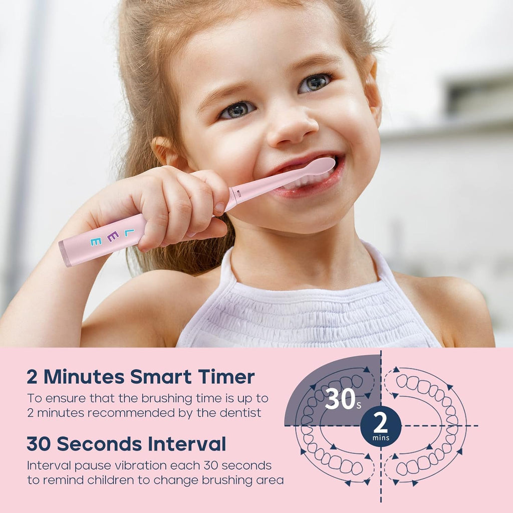 SEAGO Kids Electric Toothbrush, Sonic Soft Bristle Rechargeable Toothbrushes with DIY Stickers, 5 Modes, Includes 4 Replacement Brush Heads, Ages 3 to 12 Years Old (Pink)