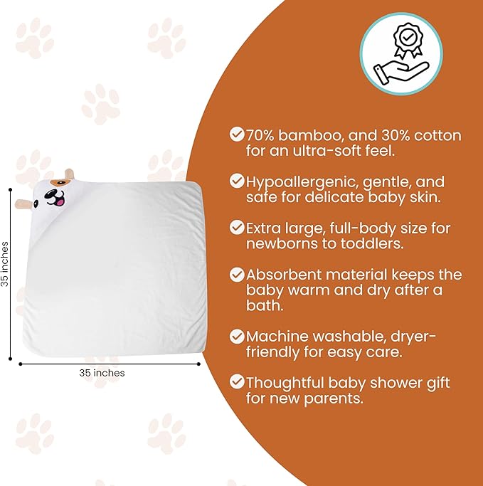 Premium Hooded Towel - 500GSM Viscose derived from Bamboo Cotton Baby Towels - Ultra Soft & Absorbent, Extra Large 35” x 35”, Hypoallergenic, Machine Washable Toddler Towel - Dog