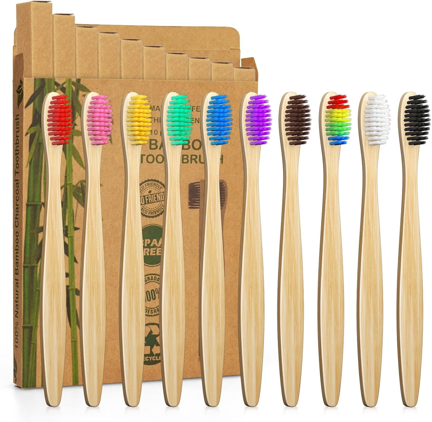 10 Color Soft Bristles Natural Bamboo Toothbrushes Set, Premium BPA Free for Best Clean, Eco-Friendly, Plastic-Free, Vegan, Biodegradable & Compostable Charcoal Wooden