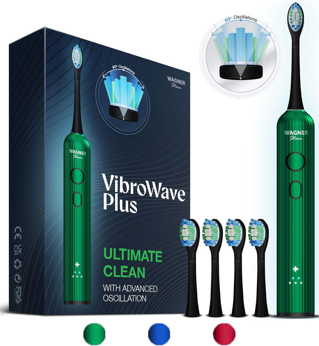 Wagner Stern VibroWave Plus Oscillation & Vibration Sonic Electric Toothbrush with 4 Brush Heads. IPX7 Waterproof.