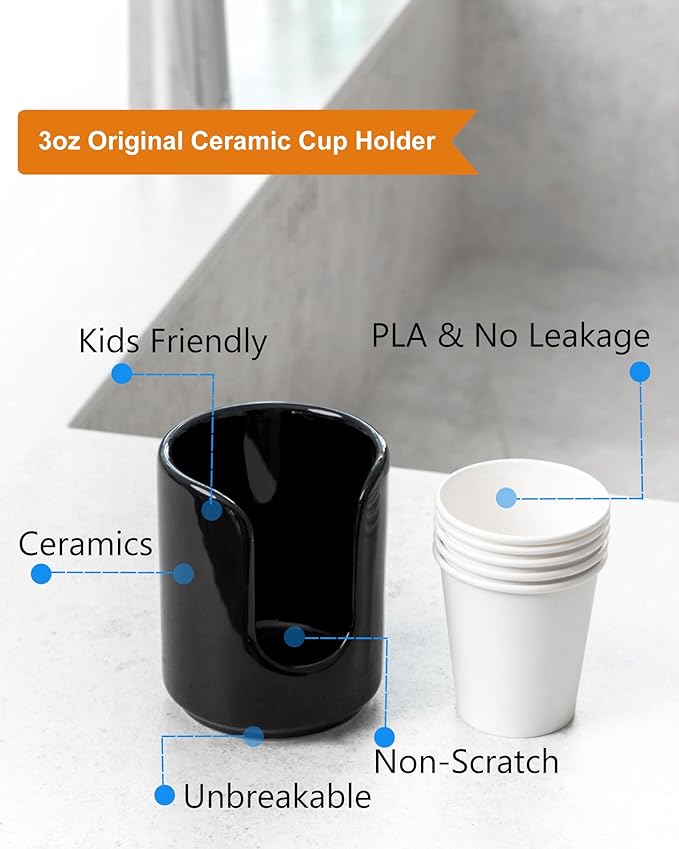 3 oz Original Ceramic Bathroom Cup Dispenser with 5 PLA Paper Cups, Bathroom Essential Accessories for Mouthwash Holder on Bathroom Vanity Countertops (1 Pack, Black)