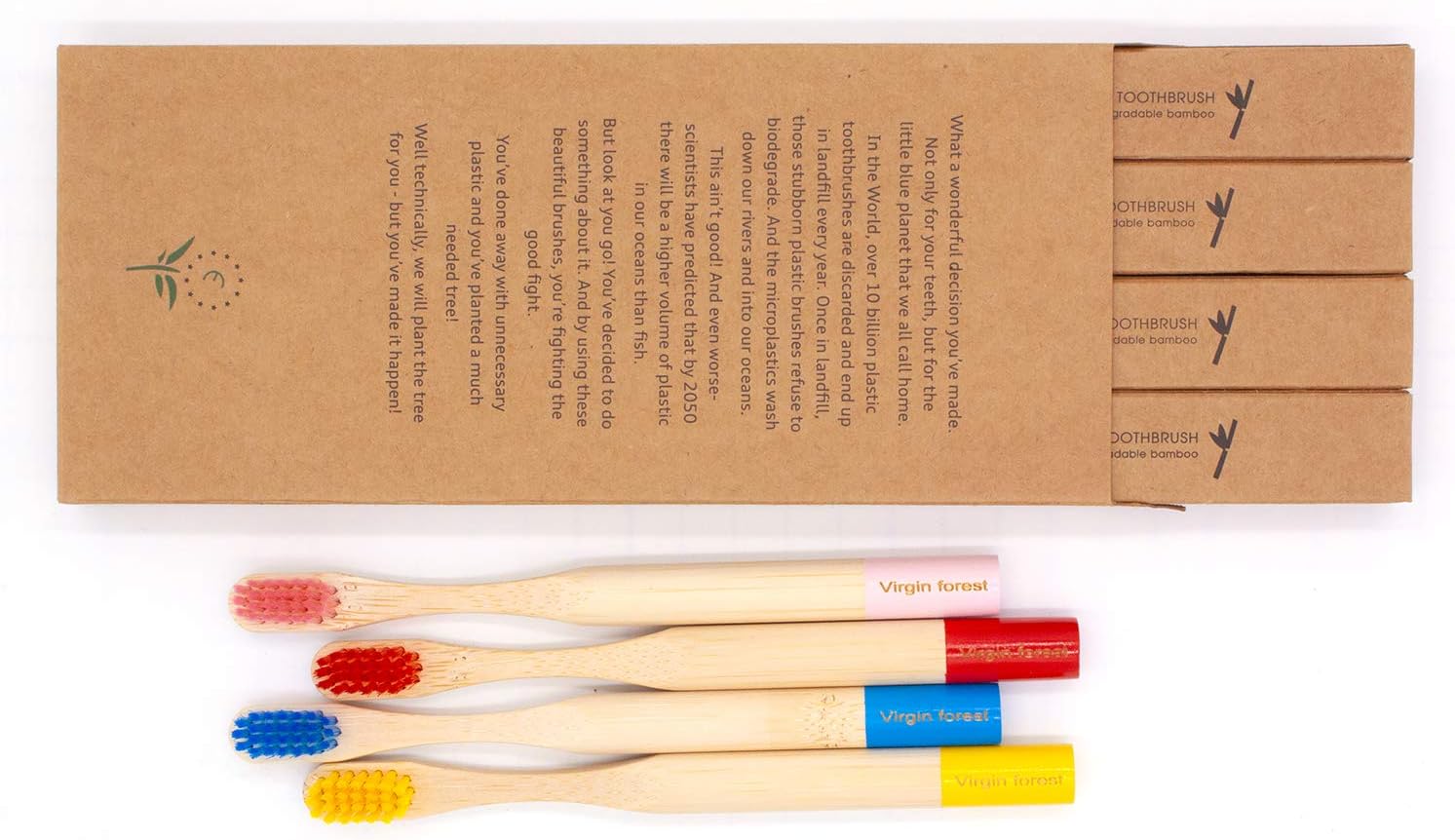 Virgin Forest Kids Bamboo Toothbrushes, Child Size Soft BPA Free Colored Safe Bristles (4 Pack)