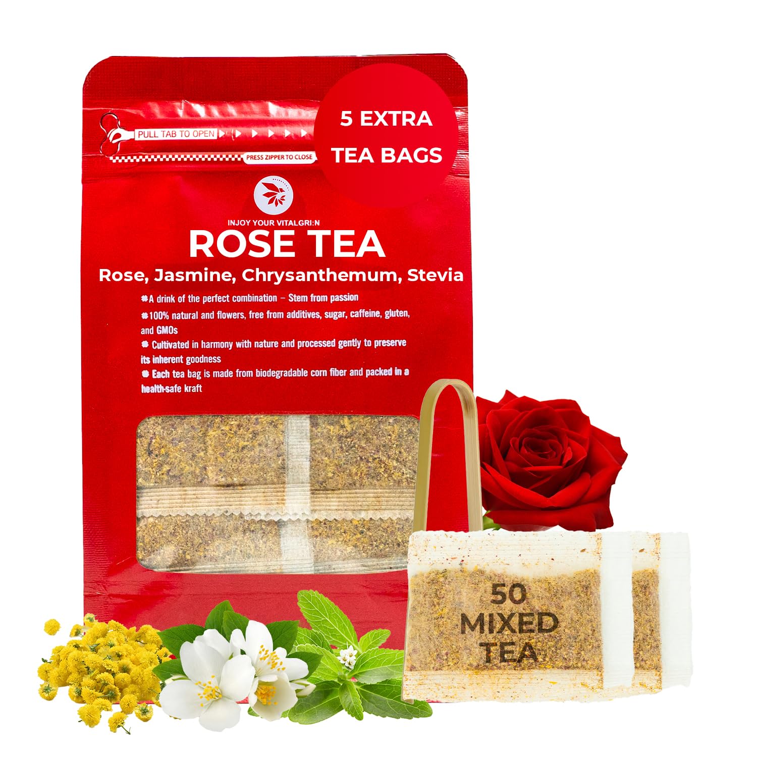 Rose Tea, Re-Steep Chrysanthemum, Jasmine & Stevia Herbal Tea - 55 Count (+5 Tea Bags) Bamboo Tong Included - 4.37 oz, Relax,Support, Up Mood, Appearance Detox