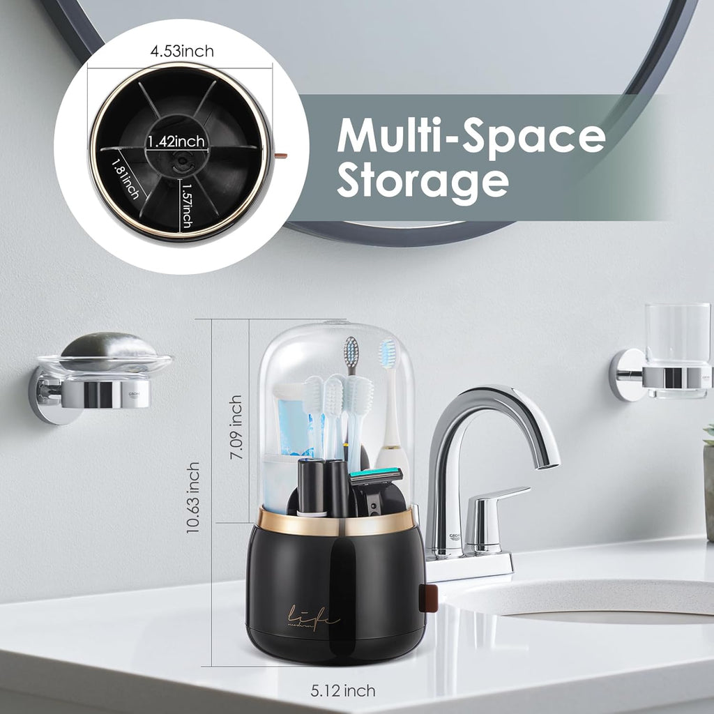 EXIN DECHEN Toothbrush Holders with Cover for Bathrooms, 360° Rotating 7-Slot Draining Water for Placing Kids Electric Toothbrushes,Toothpaste,Razors,Bathroom Counter Dresser Vanity Organizer(Black)