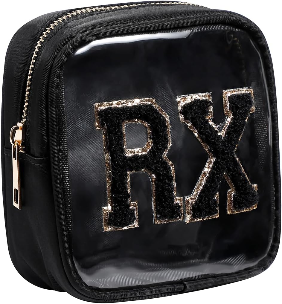 Small Chenille Letter Clear Medicine Makeup Bags,Nylon PVC Waterproof Rx Pouch with Metal Zipper, Cute Drug First Aid Travel Organizer for Women Girls(05Black)