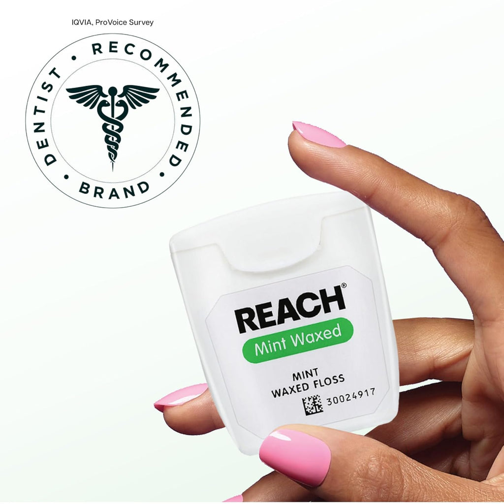 REACH Waxed Dental Floss, Mint, 2X More Value, Plaque Remover for Teeth, Shred Resistant, Floss Slides Smoothly, Easy to Use, Waxed, for Adults & Kids, Oral Care, PFAS Free, 3 Pack, 115 yd