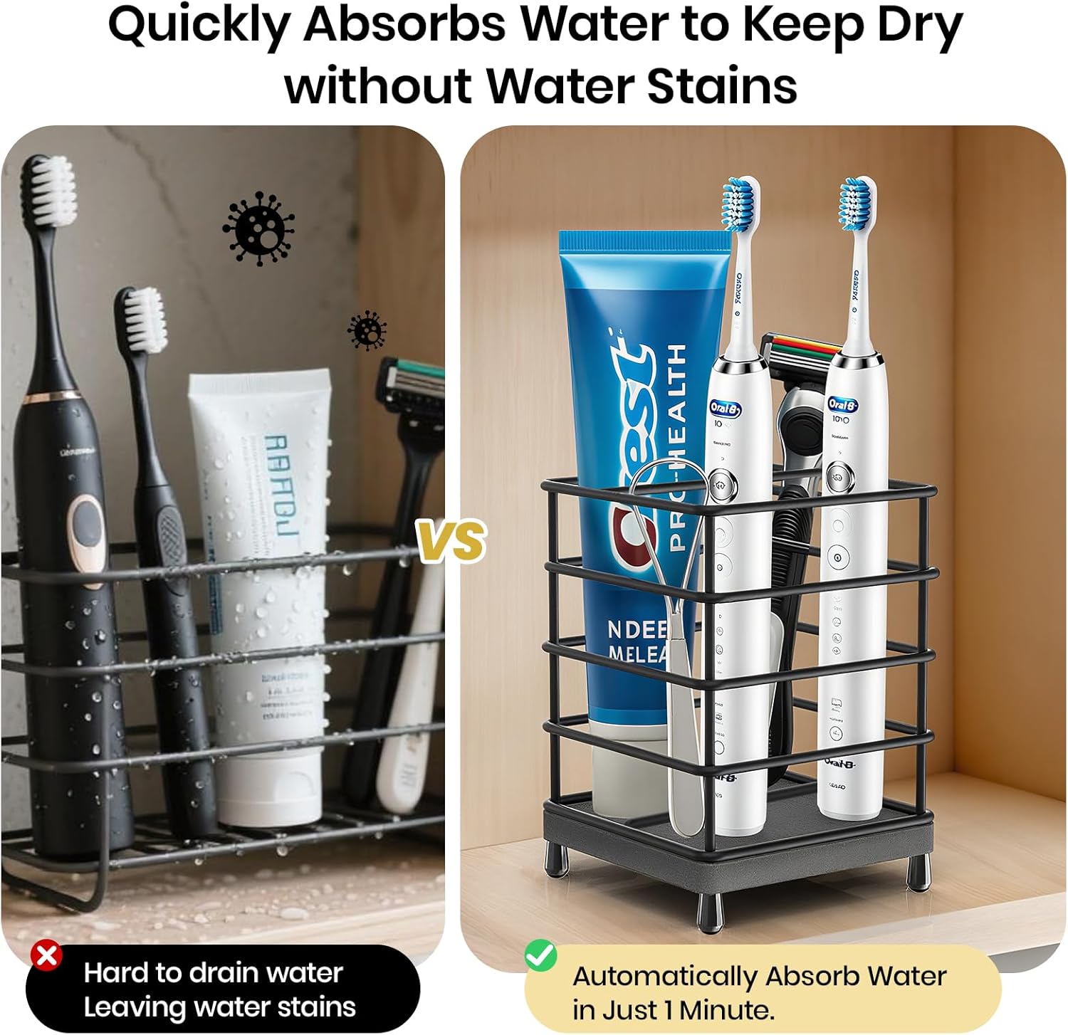 Toothbrush Holders with Quick Drying Mat—Black Toothbrush and Toothpaste Holder for Bathroom—3 Slots Openwork Design Bathroom Counter Organizer for Electric Toothbrush, Bathroom Accessories Organizer