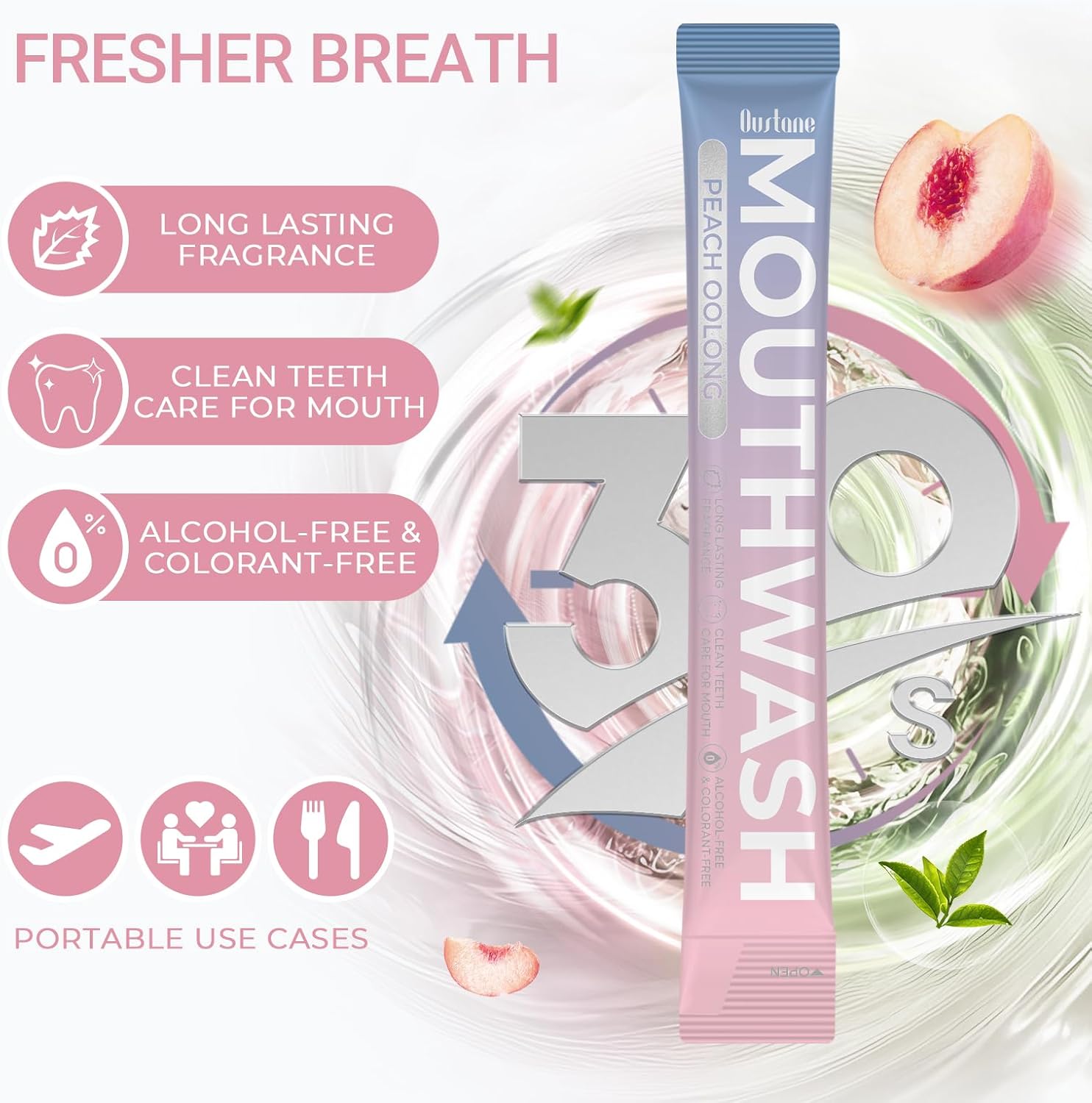 Protable Mouthwash Packets for Travel, Peach Oolong-Tea Flavor, Alcohol-Free, Non-Burning, 15ml/pcs 20 Single Use, TSA Approved for On-The-Go Fresh Breath, Perfect for Work, Gym& Date
