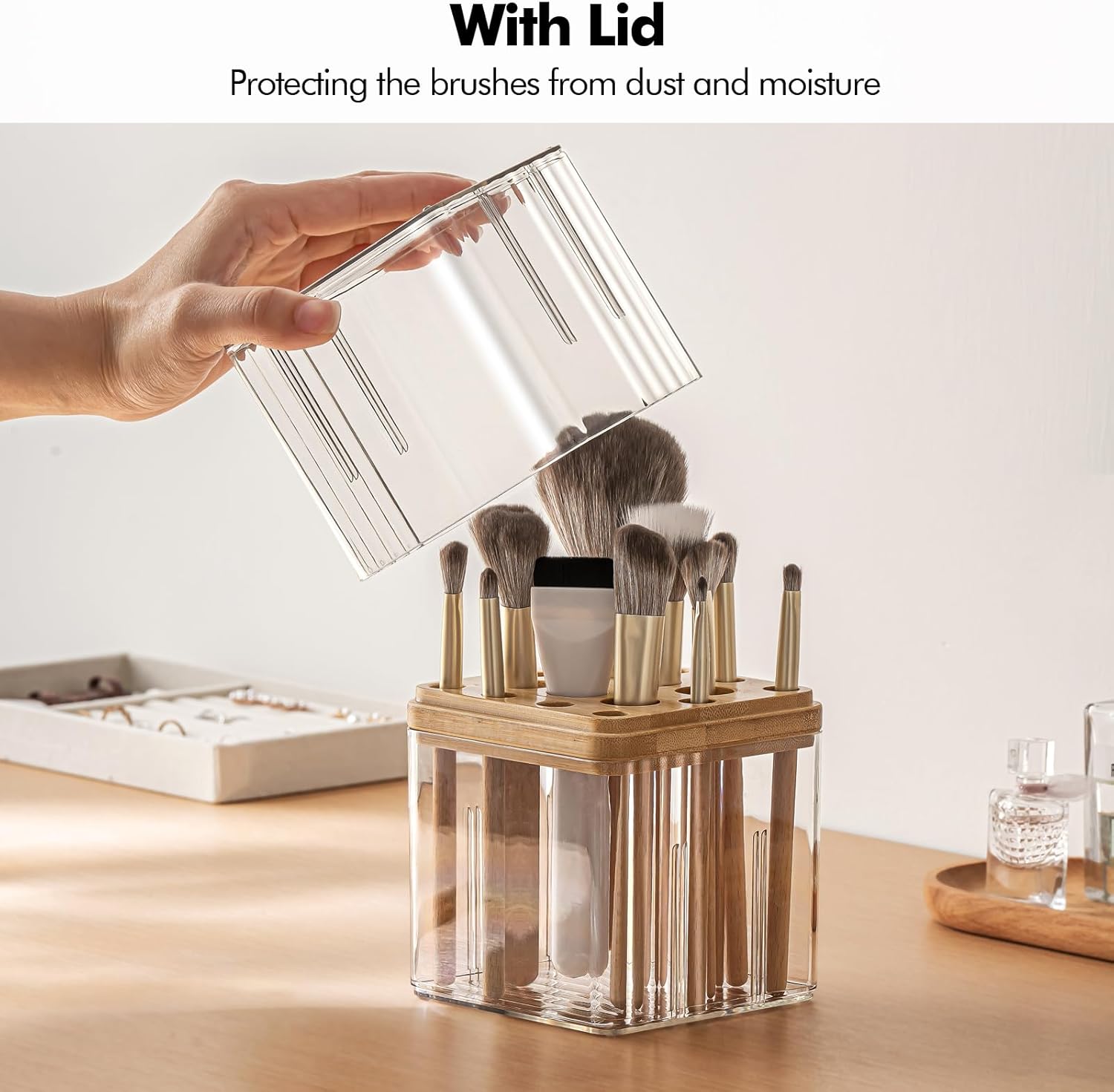 Poeland Makeup Brush Holder, Cosmetic Brush Organizer with 16 Holes and Lid, Makeup Holder for Makeup Brush