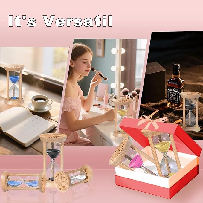 Wooden Sand Timers 1 Minute Hourglass,Stunning Glass Bamboo Mini Pink Sand Clock for Productivity, Meditation & Decor, 1 Min Small Reloj De Arena for Kitchen, Office, Game, Classroom