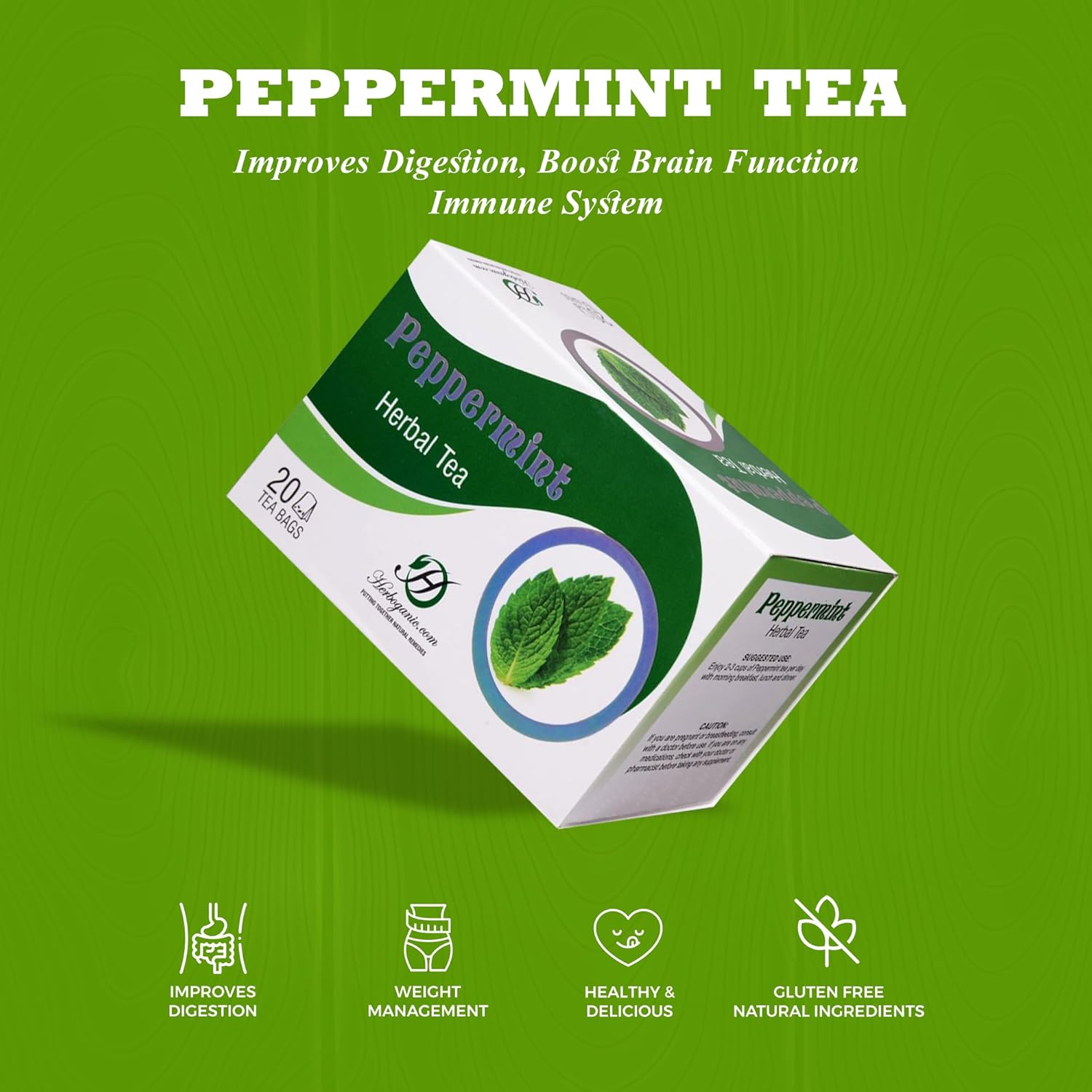 HERBOGANIC Peppermint Herbal Tea - Digestion Support and Immune Boost | Refreshing and Delicious Blend | Natural Ingredients | 20 Tea Bags
