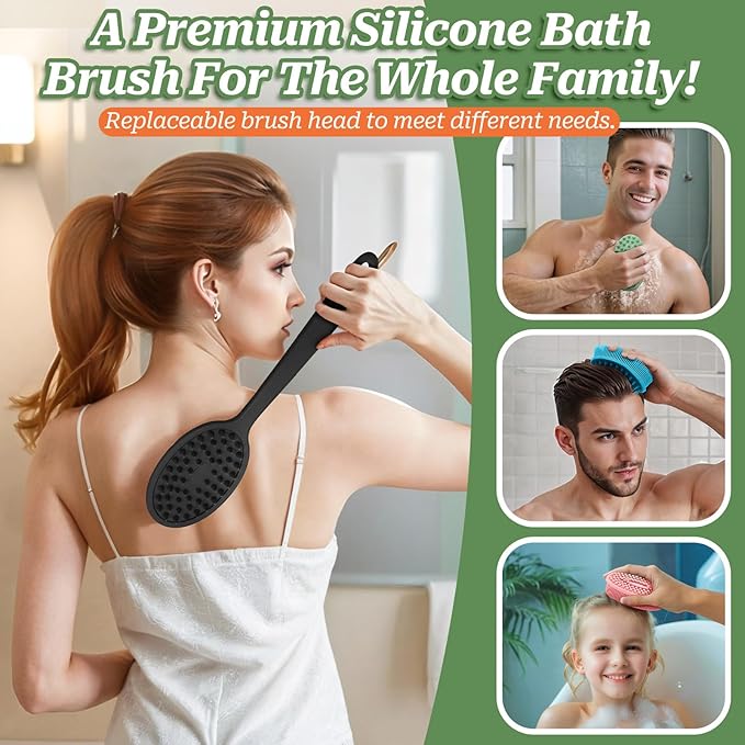 Silicone Back Scrubber for Shower, Soft Silicone Loofah with Handle, Gentle Exfoliating Back Scrubber, Back Brush Bath Brush with Dual-Side & Detachable Brush Head(Blue)