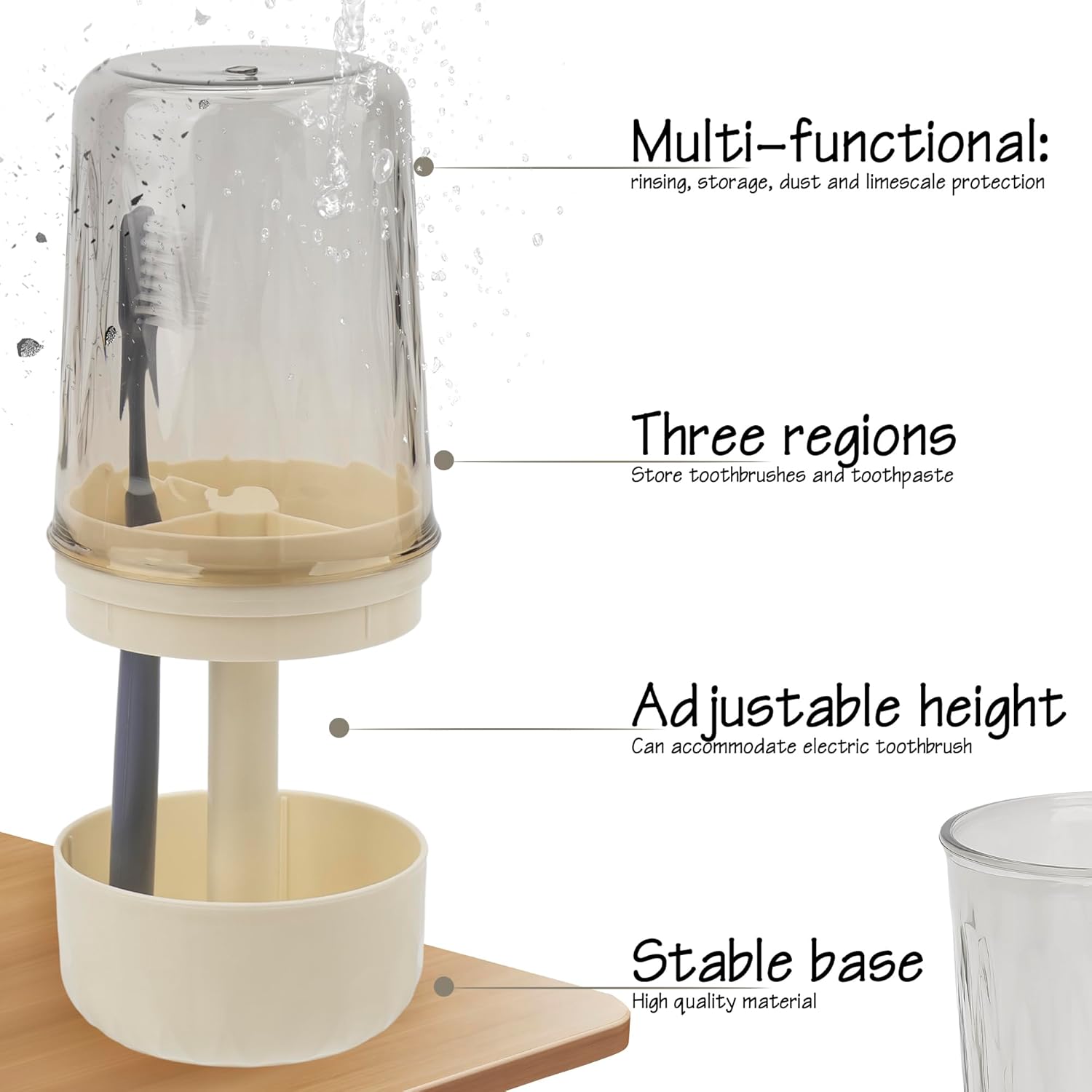 Toothbrush Holder Stand with Cup/Cover, Adjustable Height Toothbrush Organizer with 3 Slots, Portable for Bathroom, Travel, Camping (White)