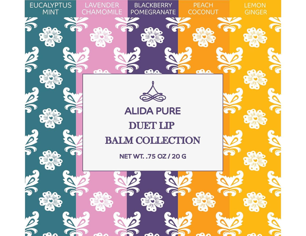 ALIDA PURE Duet Lip Balm Collection, Vegan Set, Beeswax Free, with Organic Jojoba, and Avocado Oil, Vitamin E, Natural Moisturizer for Dry, Chapped Lips, 5 Tube Set