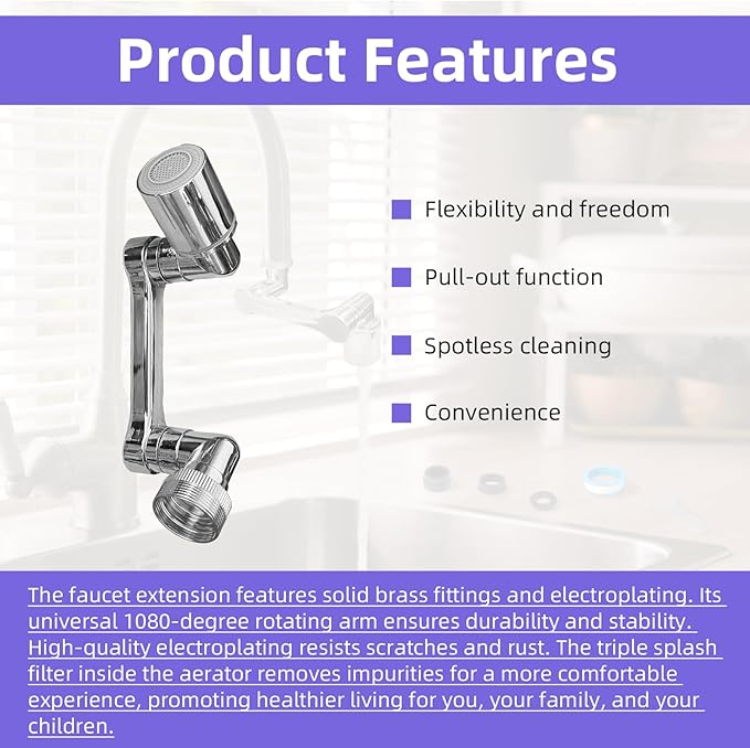 1080° faucet extender rotatable - All-Metal Swivel Faucet Extender with Dual Spray Modes, Universal Fit for Kitchen/Bathroom Sink, Anti-Splash Aerator with Tools (2 Pcs)