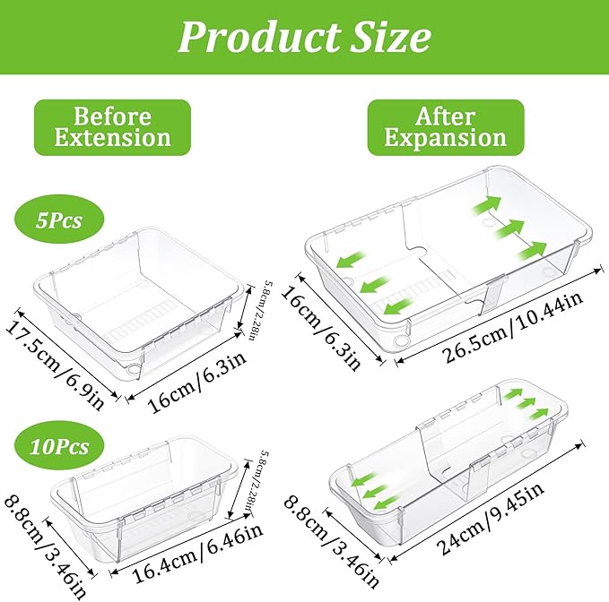 15-Piece Extendable Drawer Organizer Set, 2-Size Adjustable Clear Plastic Storage Bins for Bathroom Vanity, Makeup, Kitchen Utensils & Office Supplies