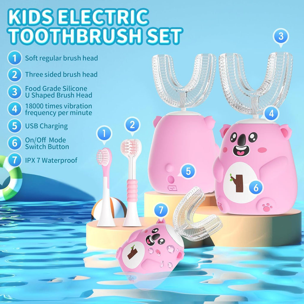 Kids U Shaped Electric Toothbrush, Automatic 360° Sonic Cleaning, 6 Modes, 4 Brush Heads, Cute Cartoon Koala Design (2-6 Age (Pink))