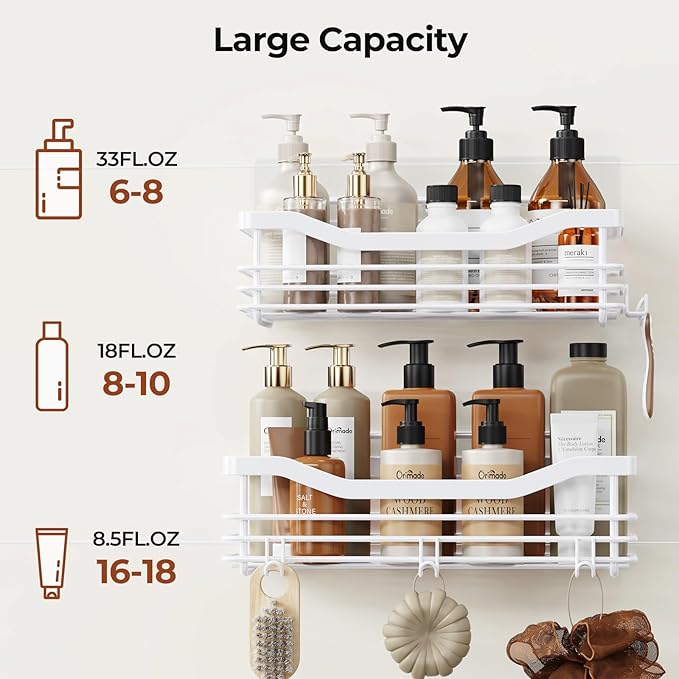 Orimade Shower Caddy Basket Shelf Storage Rack, No Drilling Wall Mounted Adhesive Rust Proof Stainless Steel Shower Organizer with 5 Hooks for Bathroom, White 2 Pack