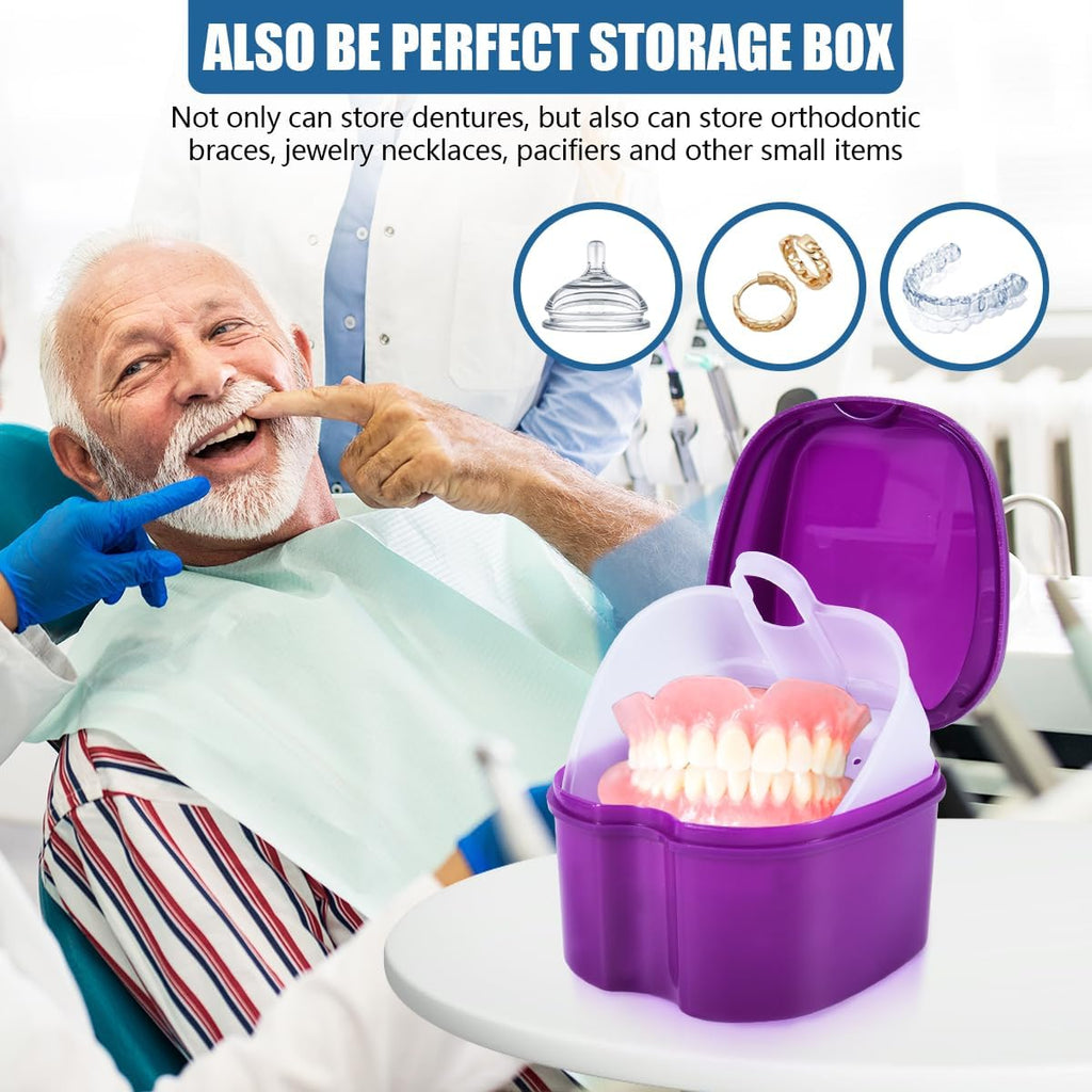 2 Pack Colors Denture Bath Case Cup Box Holder Storage Soak Container with Strainer Basket for Travel Cleaning (Purple and Black)