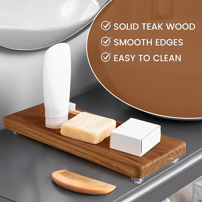 12.6"x5" Solid Teak Wood Riser & Tray - Farmhouse Organizer with Non-Slip Base | Rustic Bathroom & Kitchen Tray for Countertop, Sink Decor | Natural Finish Pedestal Stand (Neutral Home Decor)