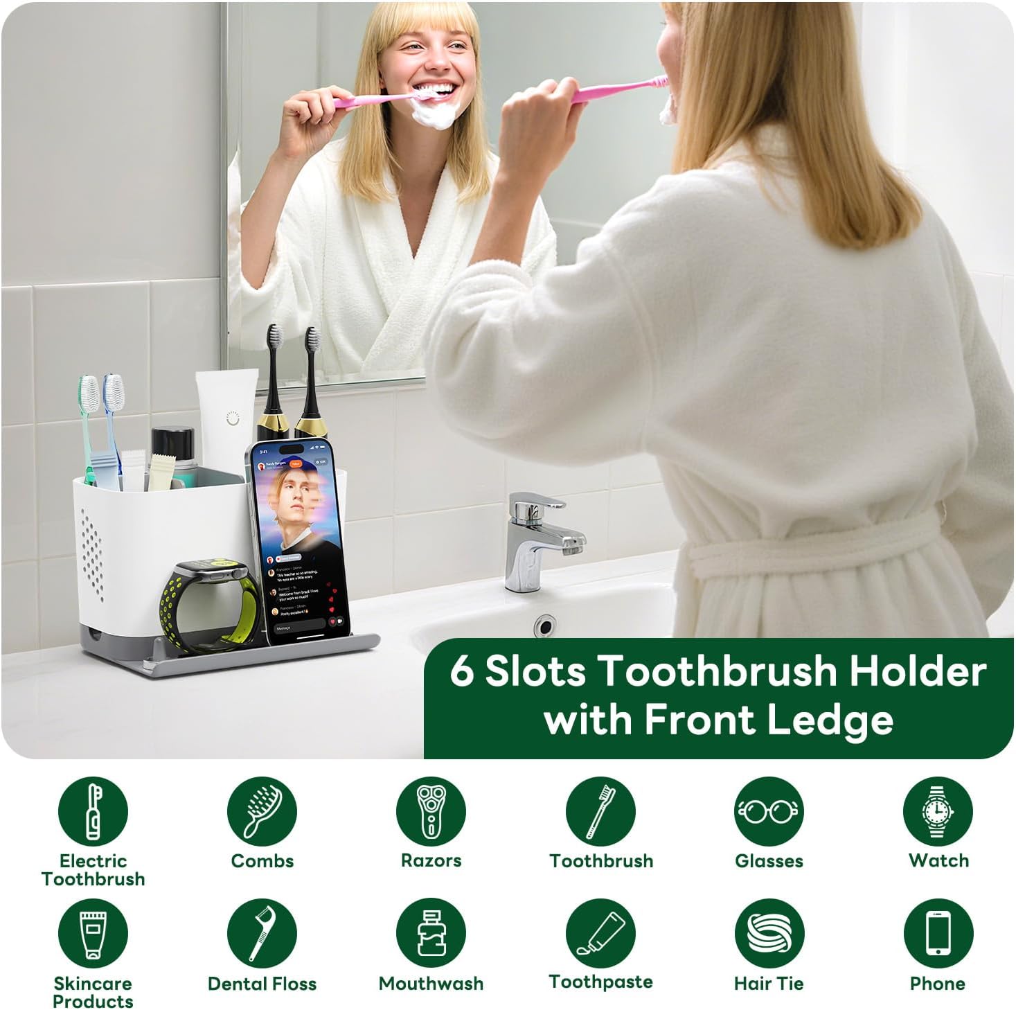 Toothbrush Holders for Bathrooms, Adjustable 6 Slots Electric Toothbrush and Toothpaste Holder, Cord-Friendly Detachable Bathroom Countertop Organizer with Front Ledge for Phone and Ring Holder