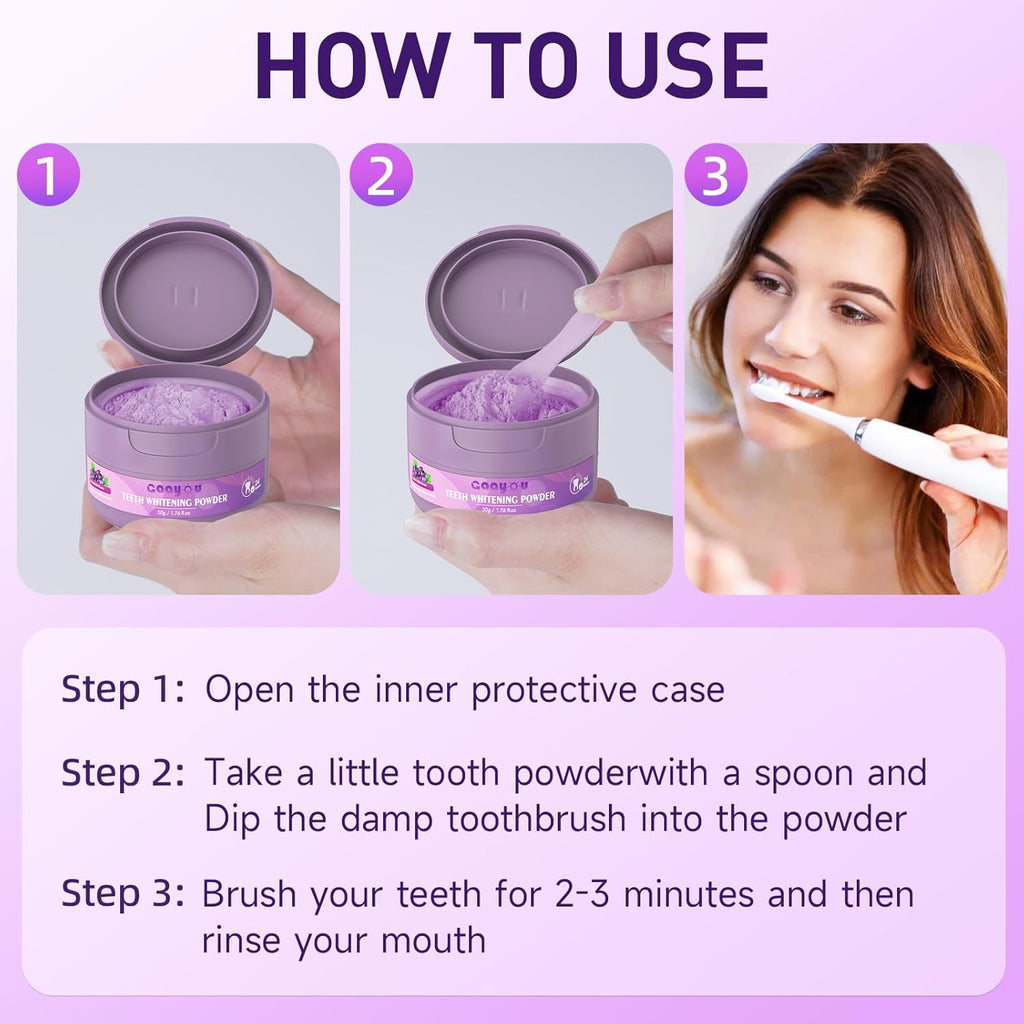 Purple Teeth Whitening Powder, Grape & Mint Flavor Natural Teeth Whitener, Color Corrector Toothpaste Powder for Tooth Stain Removal