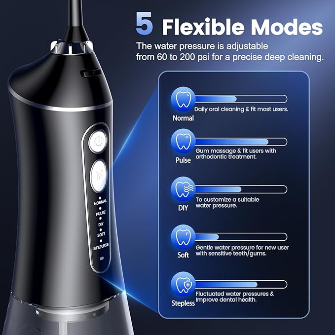 Water Flosser for Teeth Cleaning and Flossing, 5 Modes Rechargeable Cordless Oral Irrigator 320ml Water Tank Teeth Cleaner, IPX7 Waterproof Portable Electric Dentel Flossers for Home and Travel,Black