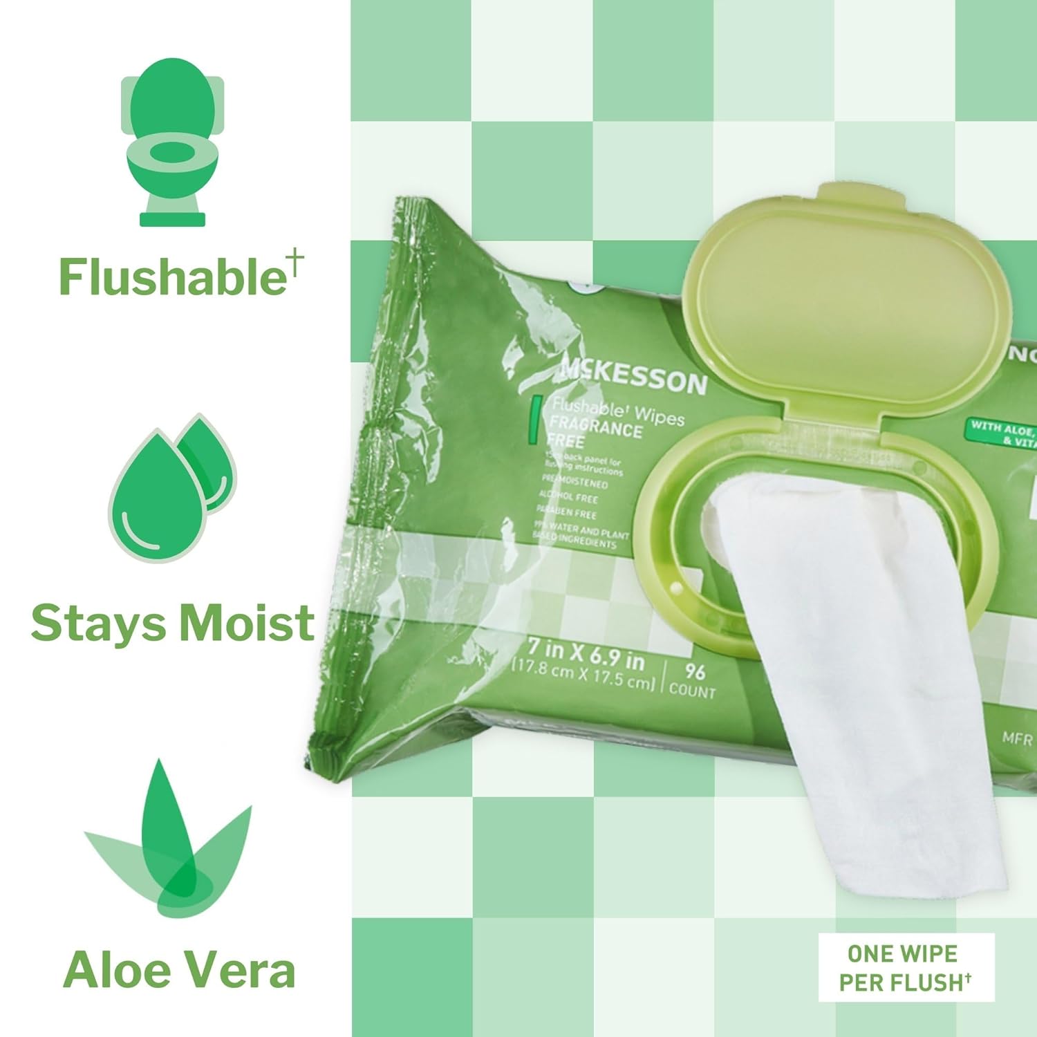 McKesson Flushable* Adult Wet Wipes – 288 Wipes (3 Pack of 96) – Aloe & Vitamin E, Plant-Based Cleansing Wipes, Unscented