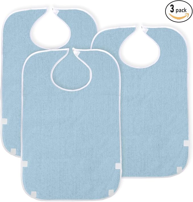 3 Pack Terry Cloth Bibs for Adults, Seniors, Special Needs, and Hospice or Personal Care with Built-In Crumb Catcher and Clothing Protector, Washable and Reusable
