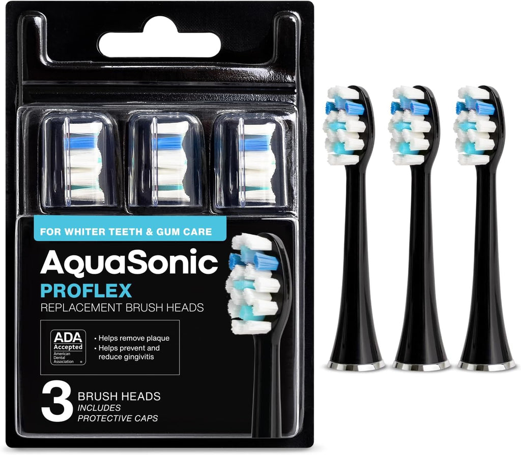 AquaSonic Proflex Replacement Brush Heads | ADA Accepted | for Whiter Teeth & Gum Care | Compatible with Many AquaSonic Toothbrush Handles (3 Pack Black)