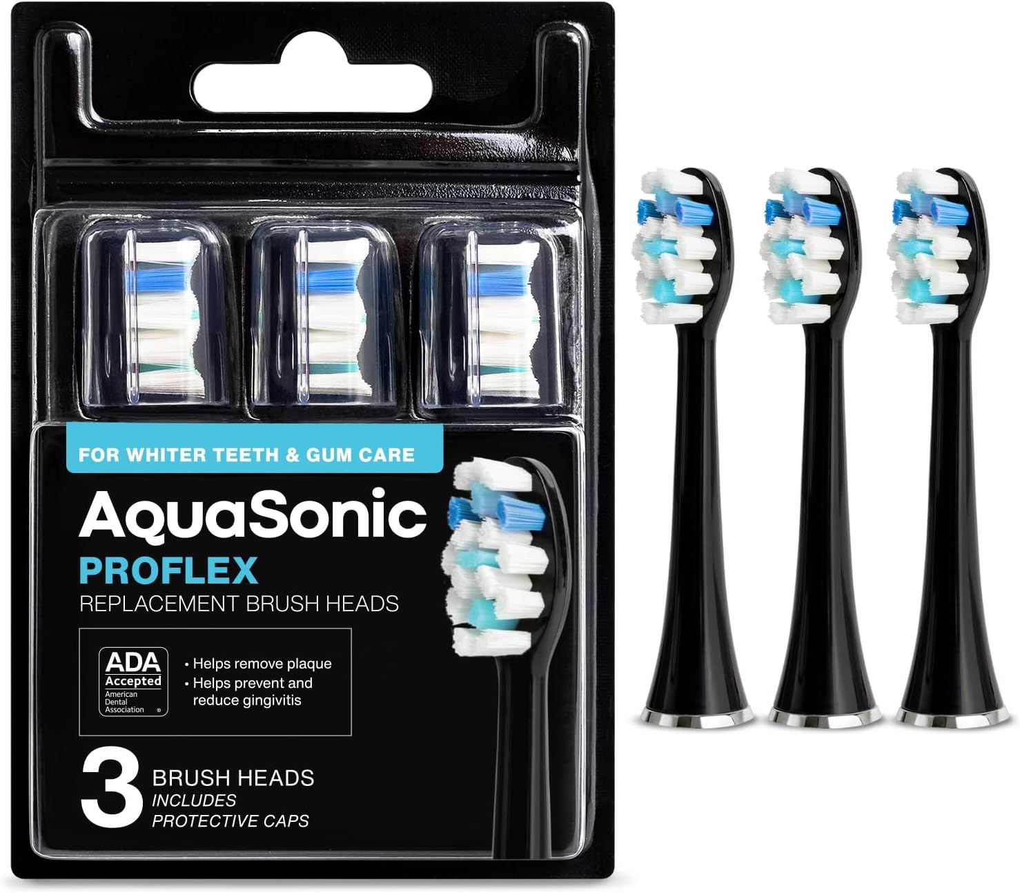 AquaSonic Proflex Replacement Brush Heads | ADA Accepted | for Whiter Teeth & Gum Care | Compatible with Many AquaSonic Toothbrush Handles (3 Pack Black)