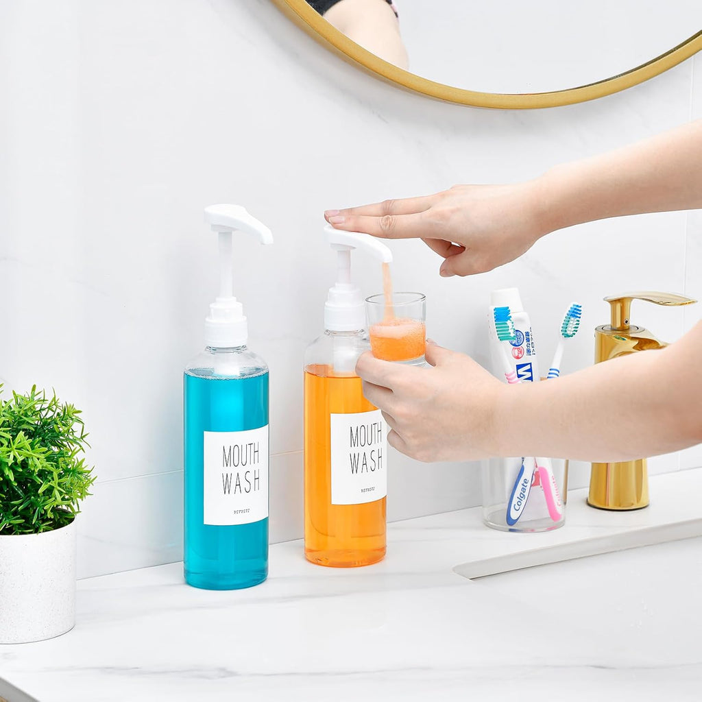 VITVITI Plastic Mouthwash Dispenser for Bathroom, 17 OZ Pump Mouth Wash Container Bottle with Cup, Clear Refillable Mouthwash Dispenser with Labels, Set of 2