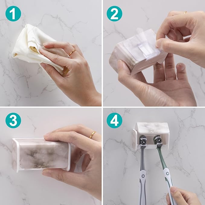 2 PCS Toothbrush Holders Wall Mounted with Cover, Electric Tooth Brushing Holder for Bathroom, 2 Slots Self Adhesive Toothbrush Organizer, Toothbrush Stand for Family, Kids (2, White Marble)
