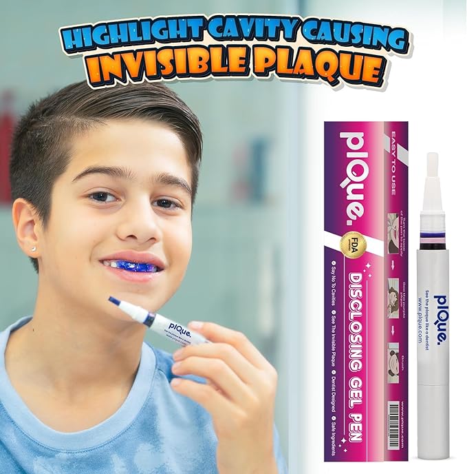 PLQUE Disclosing Gel Pen (90 Uses) - Tooth Plaque Detector for Better Brushing, Purple Stain Formula Reveals Invisible Cavity Causing Plaque, Kids and Adults Oral Care Tool, Pediatric Dentist Design