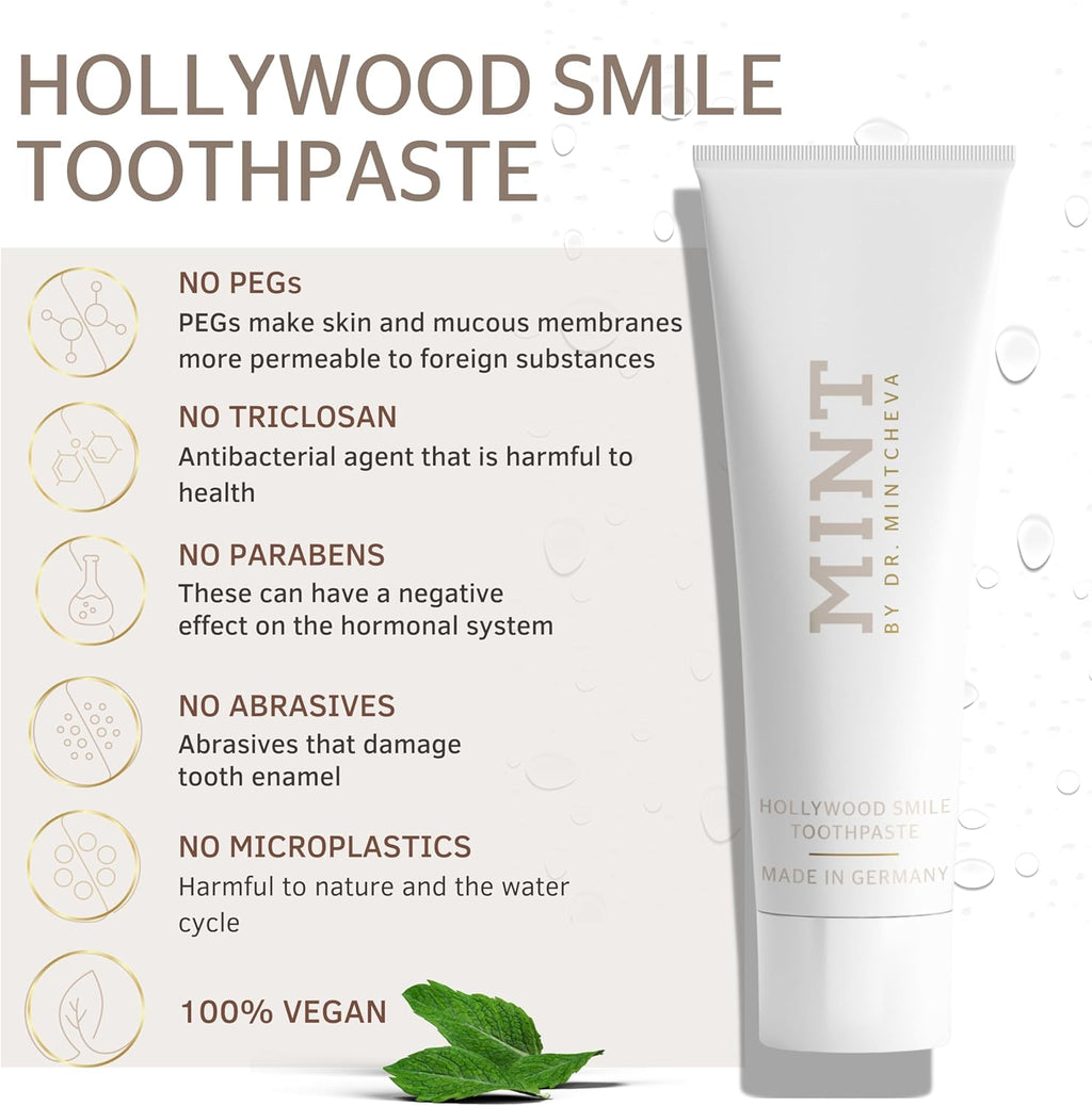 Mint Hollywood Smile Toothpaste (85 ml) - Innovative 2-Phase Formula with Whitening Booster - Fluoride-Free - MPT1 Ultra Polish Technology with Perlite - Pap Technology for Gentle Whitening - Vegan