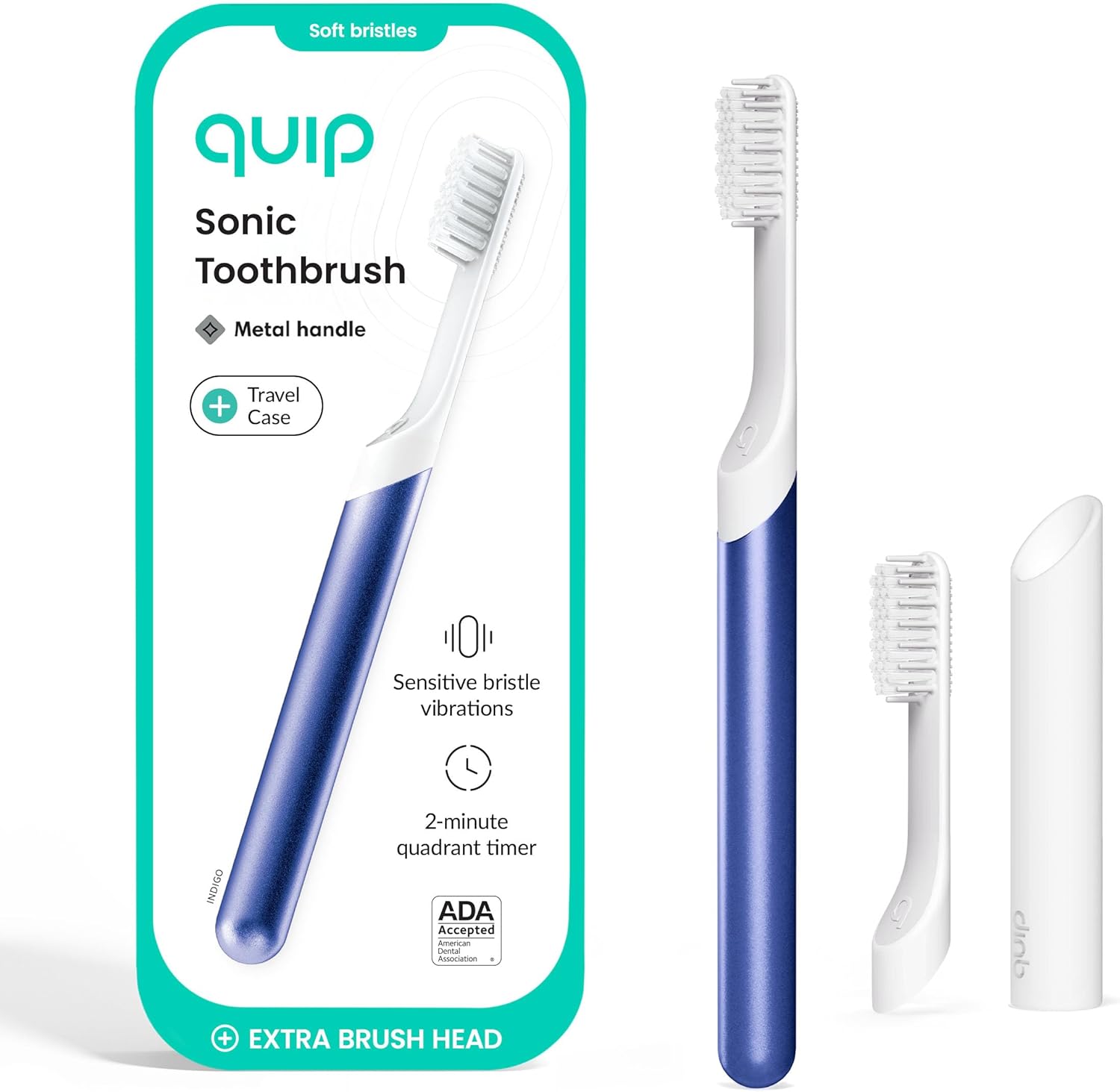Quip Metal Sonic Electric Toothbrush for Adults - Time Travel & Soft Bristles with Travel Case & Replacement Brush Head - 3 Month Battery Life - Indigo
