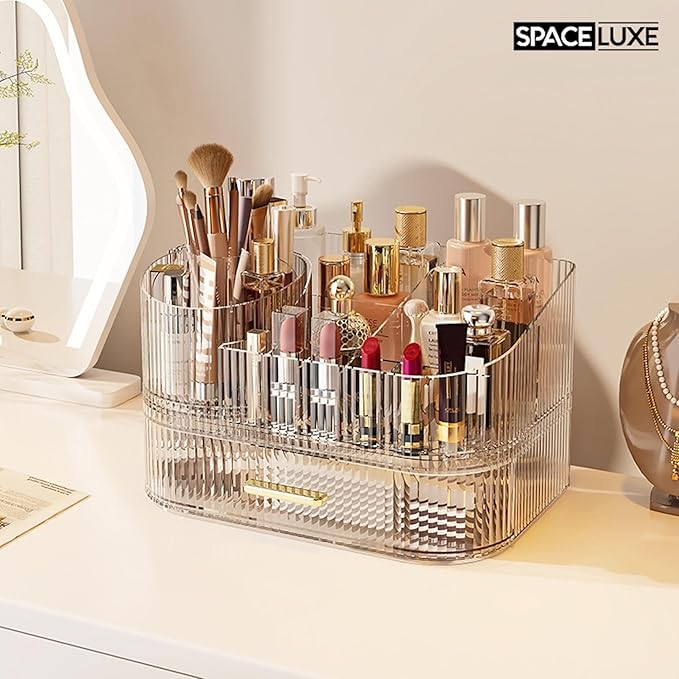 Makeup Organizer with Drawers and 360° Rotating Brush Holder, Large Capacity Cosmetic Storage for Vanity, Skincare, Perfume, Hair Accessories, Lipstick & Jewelry (Clear, 2-layer)