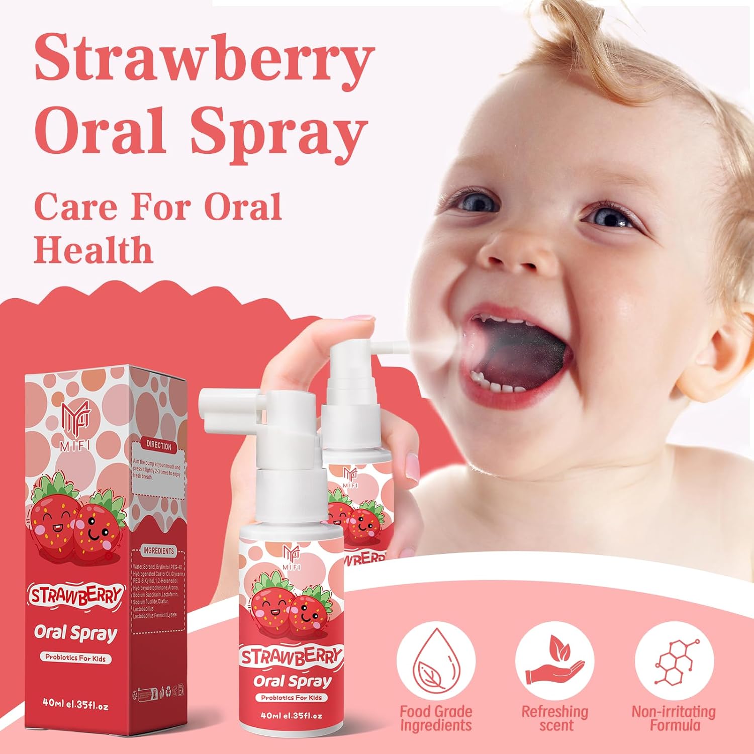 Kids Oral Spray - Probiotic Fruit Flavored Toothpaste Helper for Toddlers, Daily Fresh Breath, Gentle Oral Care Spray for Children (2Pack, Strawberry)