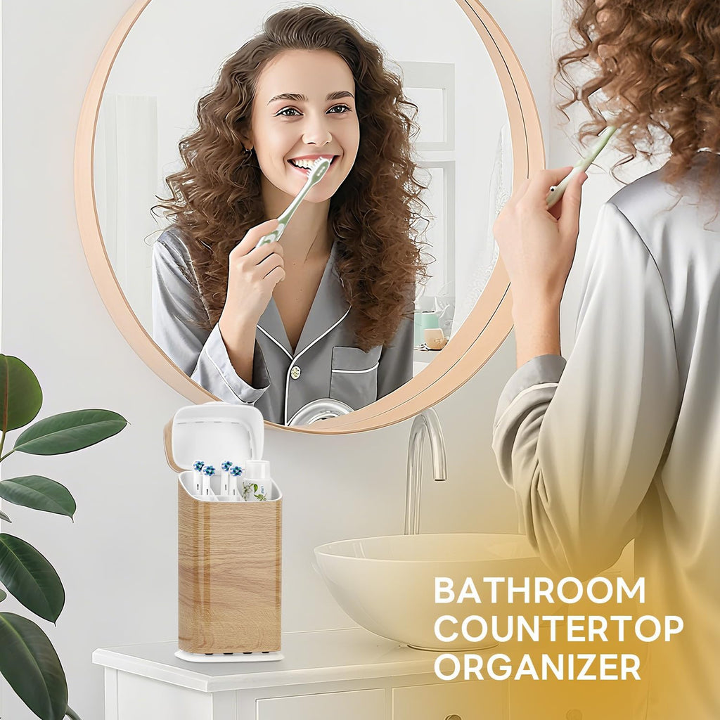 Toothbrush Holders with Cover - Electric Toothbrush Length Less Than 9 inches, 5 Slots Tooth Brush Holder for Bathroom, Detachable Toothpaste Holder Bathroom Organizers with Drainage, Wood