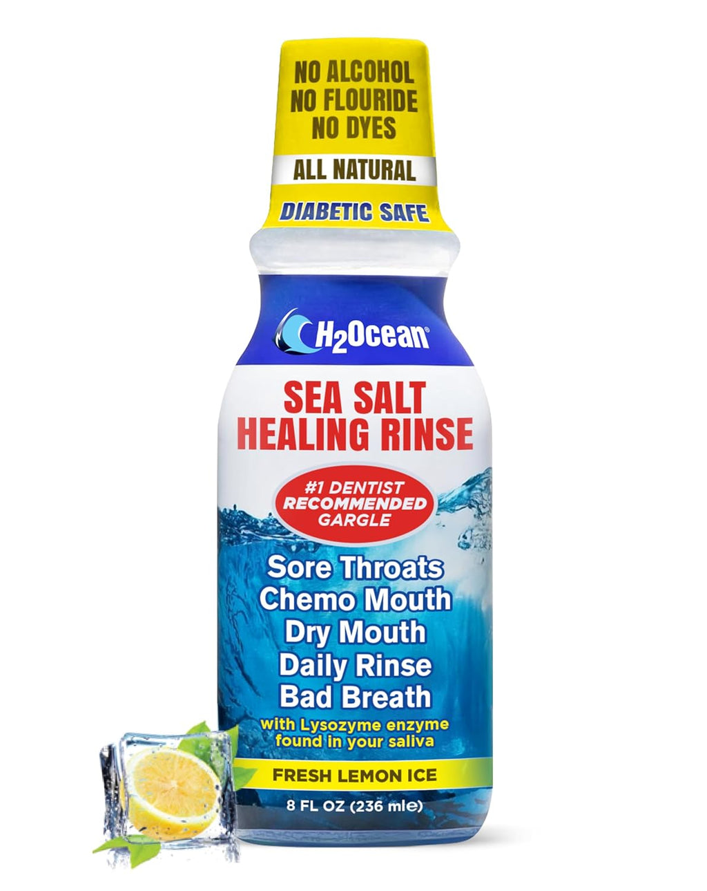 H2Ocean Healing Rinse Natural Sea Salt Oral Care - Mouth Rinse for Oral Care - Great for Piercings, Sore Throats & Gum Health - Alcohol- & Fluoride-Free Mouthwash - Lemon Ice, 8 oz