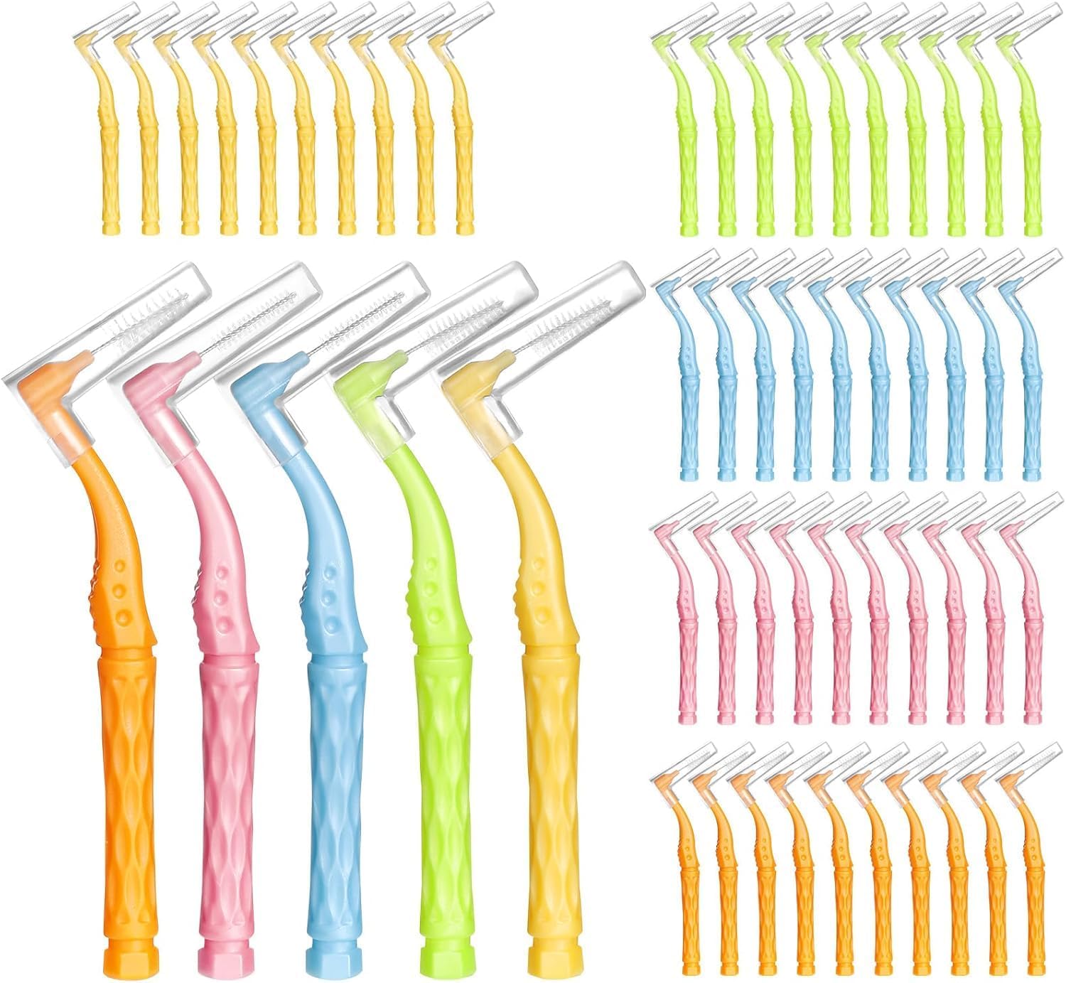 100pcs Interdental Brushes, 5 Sizes Braces Brush Set Soft Dental Brushes with Non-Slip Handle Angled Head Tooth Picks Floss Sticks Dental Floss Brushes for Braces Oral Cleaning