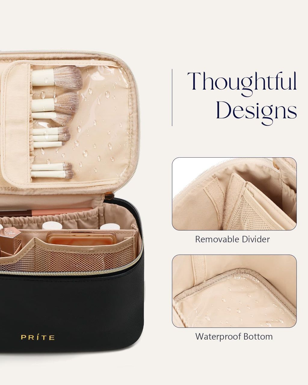 Prite Makeup Bag Portable Cosmetic Organizer with Brush Holder Waterproof Travel Toiletry Bag for Women with Handle and Divider (Black)