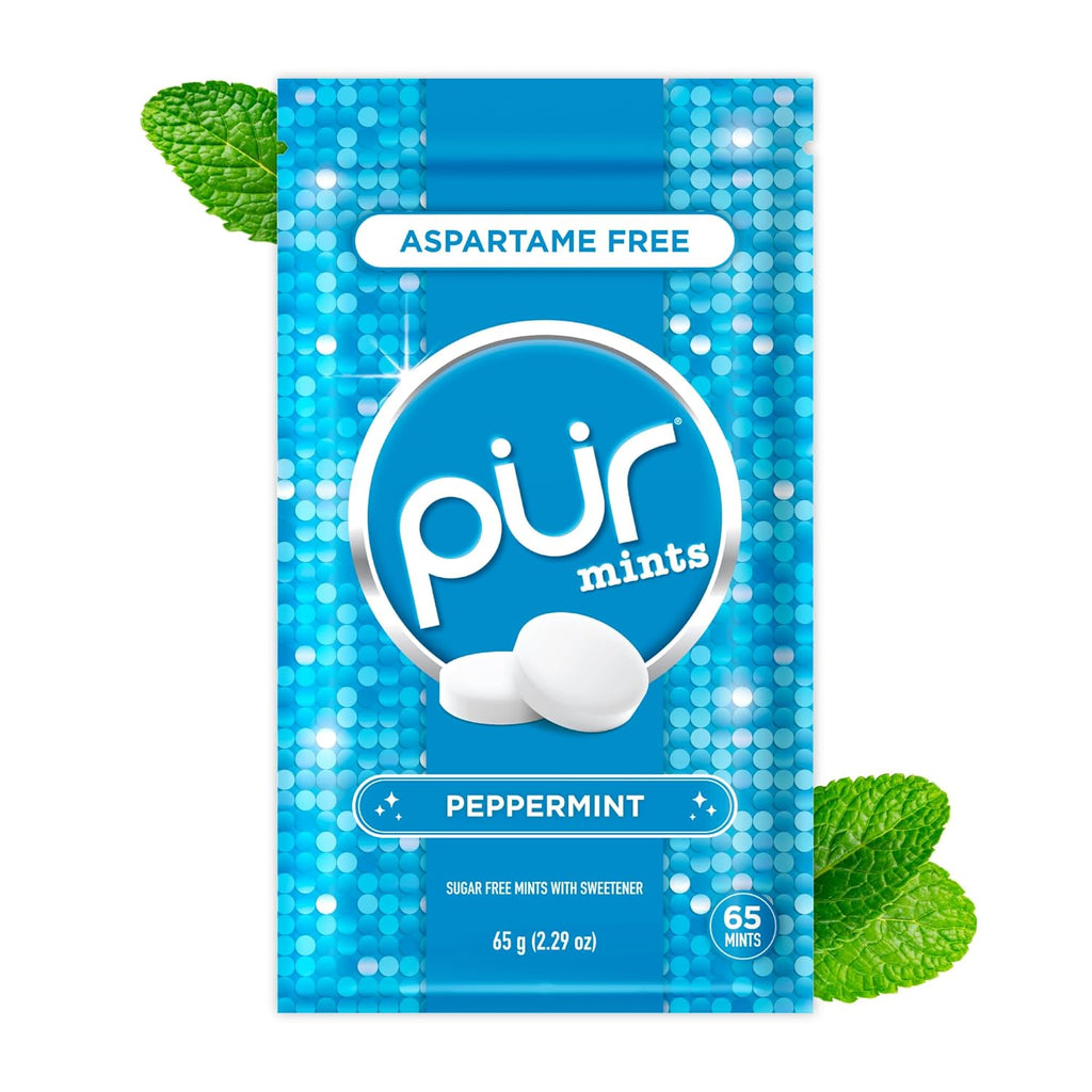 PUR Mints | Aspartame Free Breath Mints | Made with Xylitol | Sugar Free, Vegan, Gluten Free | Natural Peppermint Flavor | 65 Pieces in Re-Sealable pouch (Pack of 1)