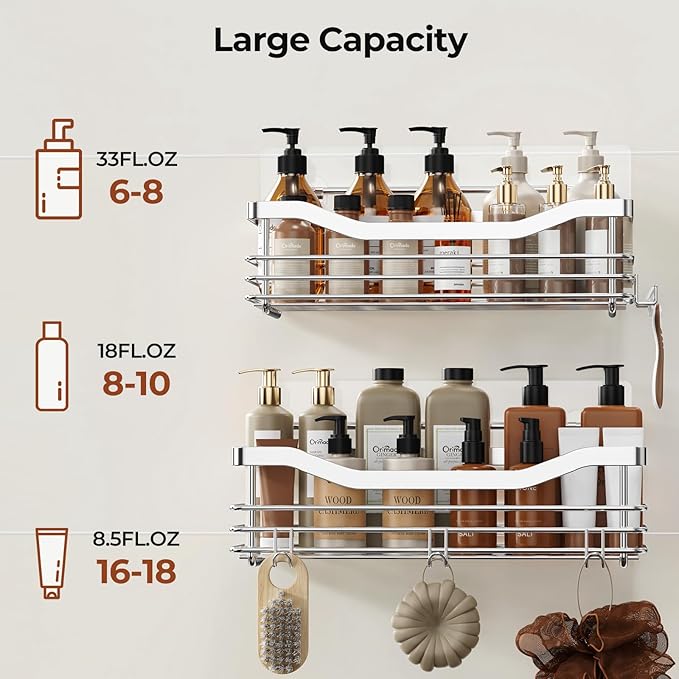 Orimade Shower Caddy Basket Shelf Storage Rack Pack of 2, No Drilling Wall Mounted Adhesive Rust Proof Stainless Steel Shower Organizer with 5 Hooks for Bathroom, Toilet, Kitchen