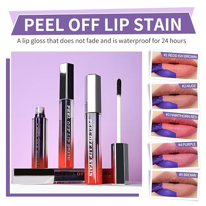 CAHIUYOA 5PCS Lip Stain Peel Off Lip Liner Stain,Matte Lip Tint Stain Peel Off Liquid Lipstick Long Lasting Waterproof Lipstain Makeup Set Gift for Women