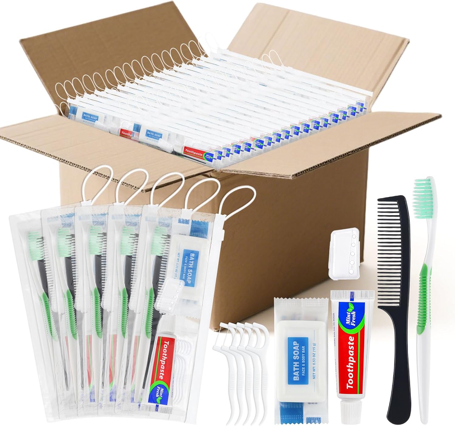 100 Set Personal Care Travel Toiletries Sets Bulk,7-in-1 Disposable Toothbrushes with Toothpaste and Floss,Comb,Soap,Cover,Zip Bag Toiletry Travel Toothbrush Kit for Homeless,Hotel,Charity